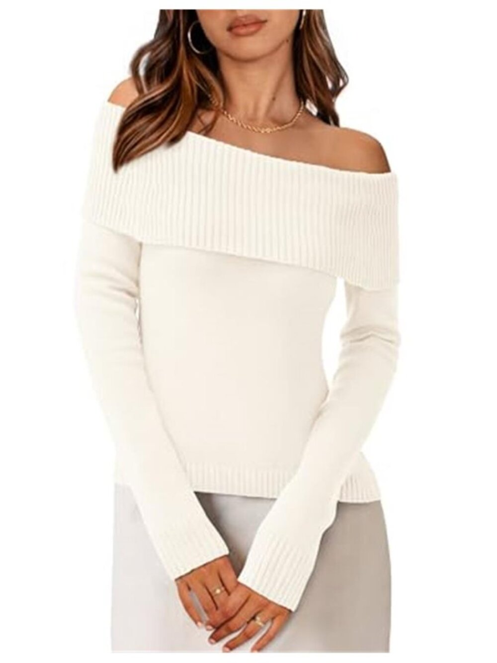 Womens Off Shoulder Sweater Knit Long Sleeve Pullover Cozy Fall Winter Top